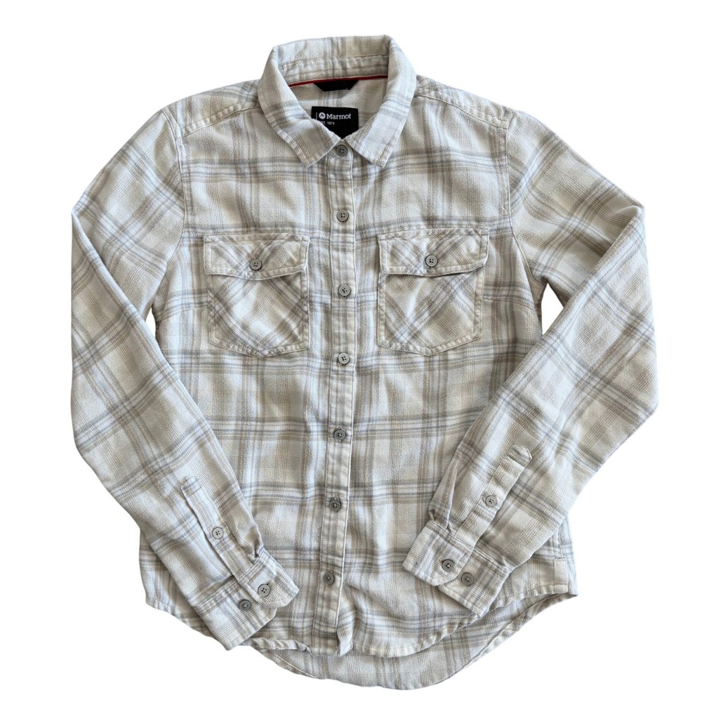 Marmot Womens XS Cream Gray Plaid Flannel Button Down Shirt Pockets Excellent - Picture 1 of 11
